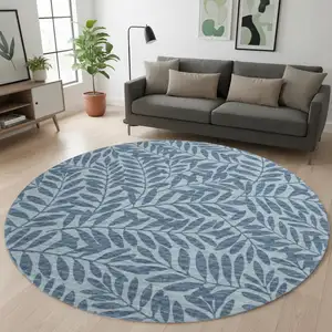 Photo of 8' Blue And Ivory Botanical Leaves Washable Round Rug With UV Protection