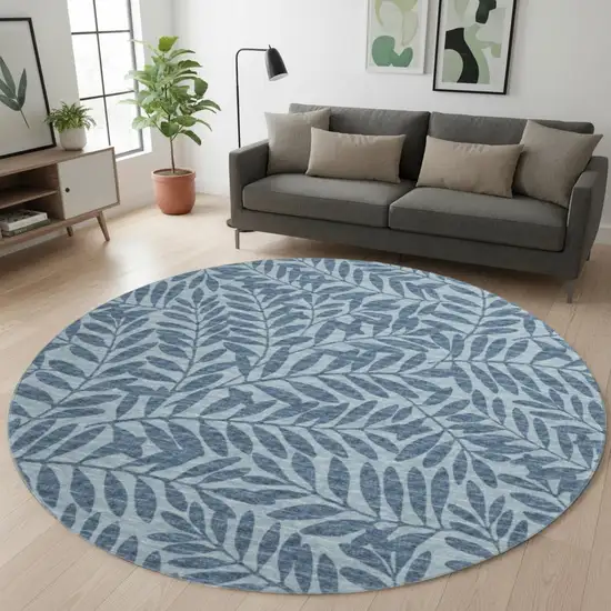 8' Blue And Ivory Botanical Leaves Washable Round Rug With UV Protection Photo 1