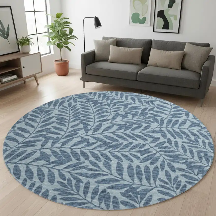 8' Blue And Ivory Botanical Leaves Washable Round Rug With UV Protection Photo 1