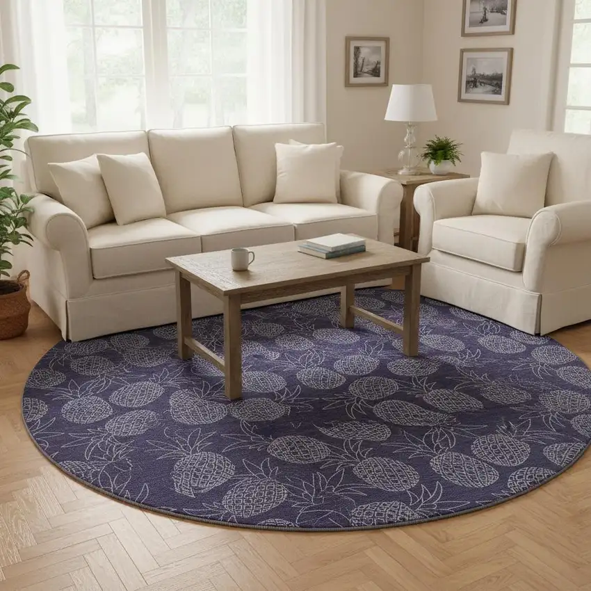 8' Blue And Ivory Botanical Leaves Washable Round Rug With UV Protection Photo 1