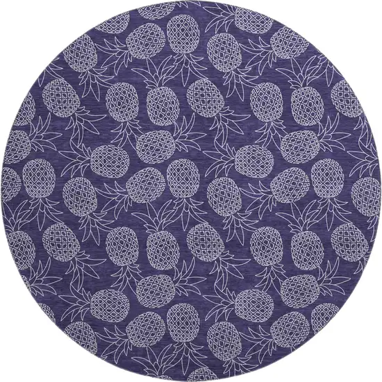 8' Blue And Ivory Botanical Leaves Washable Round Rug With UV Protection Photo 1