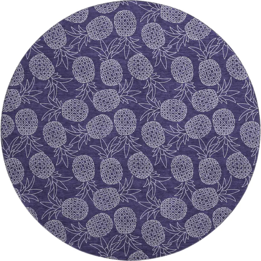 8' Blue And Ivory Botanical Leaves Washable Round Rug With UV Protection Photo 1