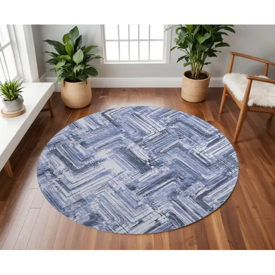 8' Blue And Ivory Chevron Washable Round Rug With UV Protection Photo 2