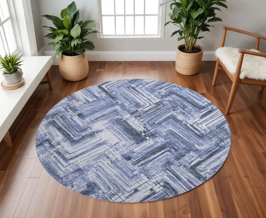 8' Blue And Ivory Chevron Washable Round Rug With UV Protection Photo 2