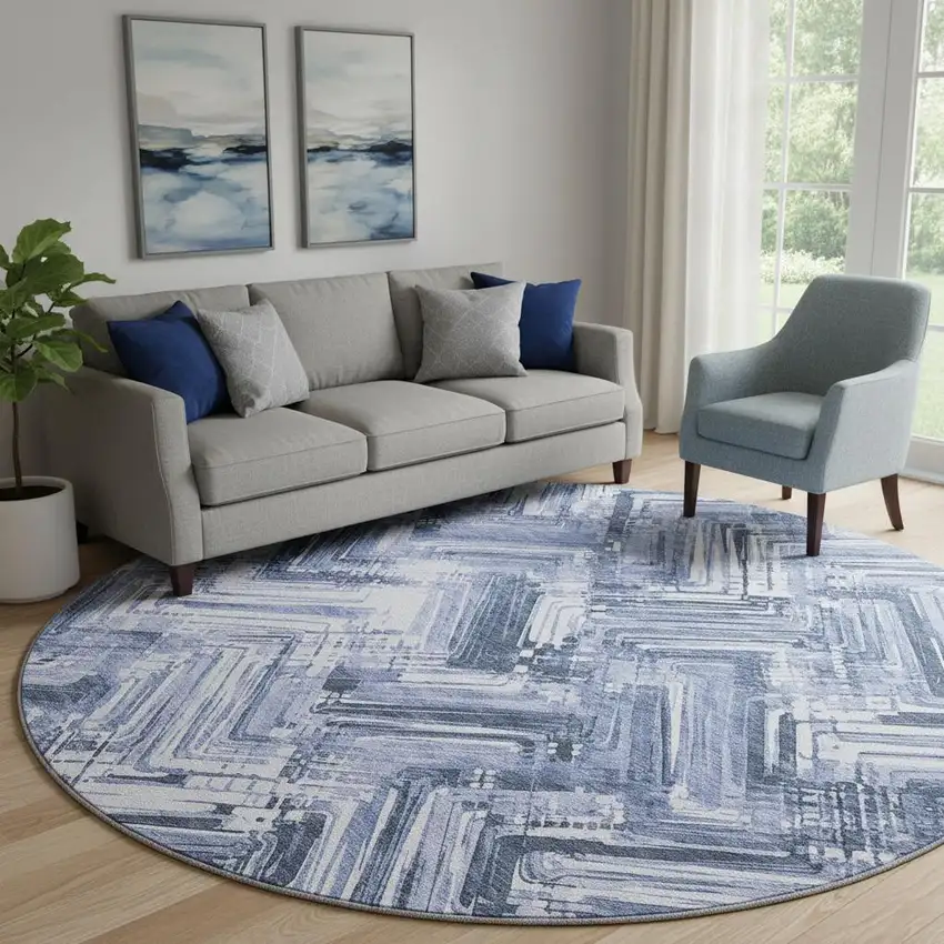 8' Blue And Ivory Chevron Washable Round Rug With UV Protection Photo 1