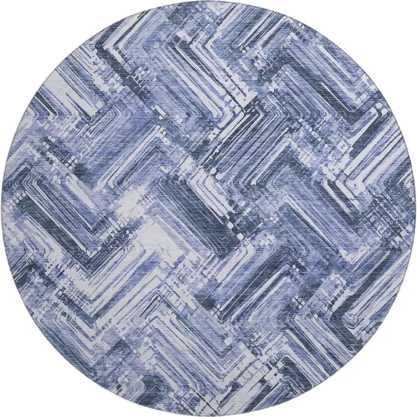 8' Blue And Ivory Chevron Washable Round Rug With UV Protection Photo 1