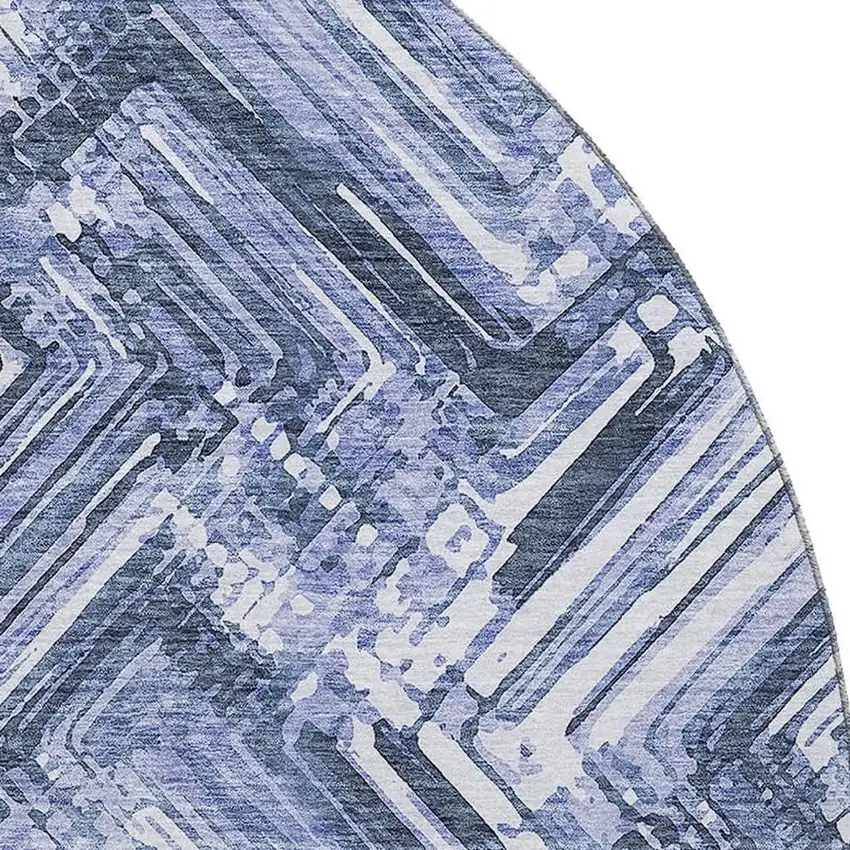 8' Blue And Ivory Chevron Washable Round Rug With UV Protection Photo 3