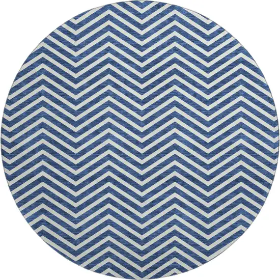 8' Blue And Ivory Chevron Washable Round Rug With UV Protection Photo 1