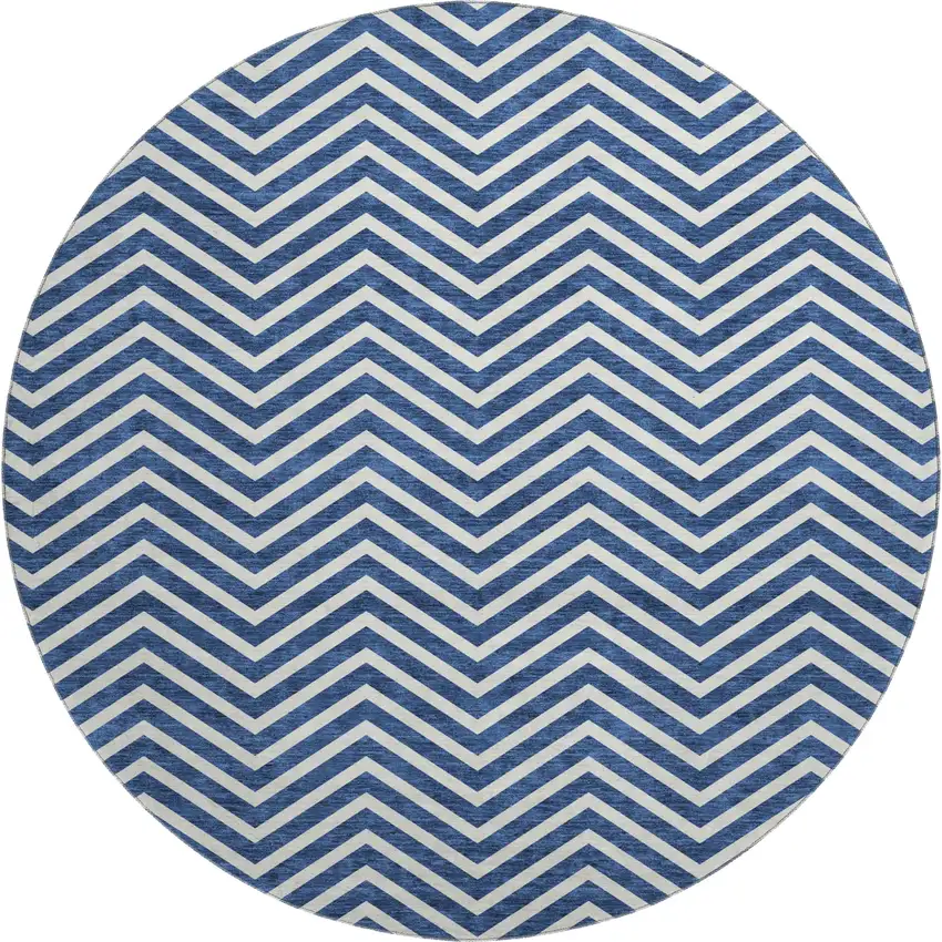 8' Blue And Ivory Chevron Washable Round Rug With UV Protection Photo 1