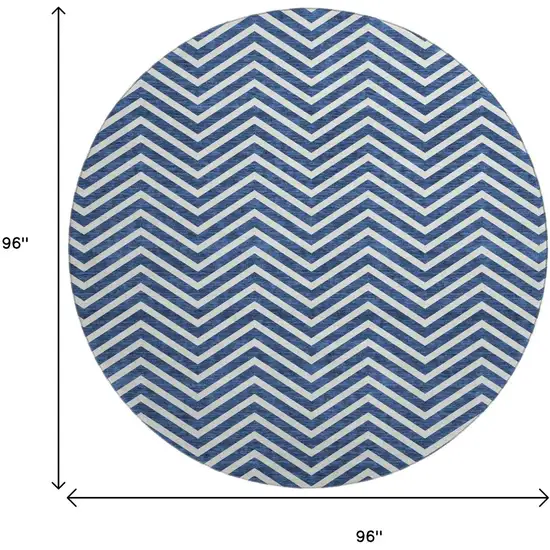 8' Blue And Ivory Chevron Washable Round Rug With UV Protection Photo 9