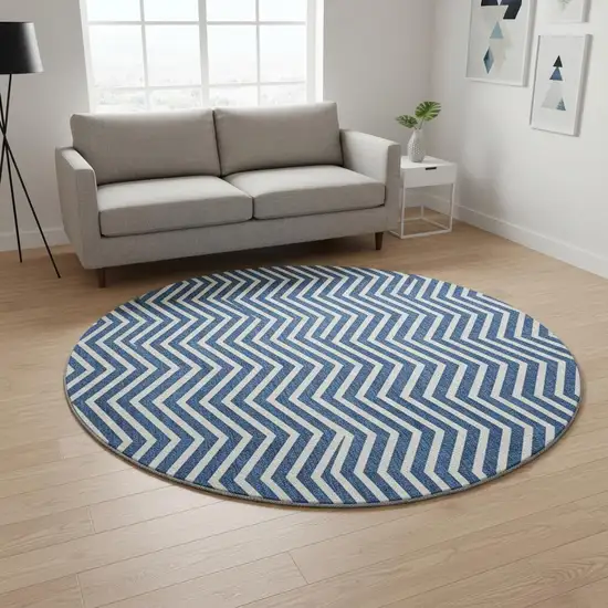 8' Blue And Ivory Chevron Washable Round Rug With UV Protection Photo 2