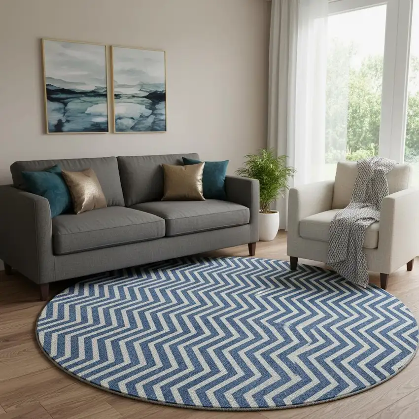 8' Blue And Ivory Chevron Washable Round Rug With UV Protection Photo 1