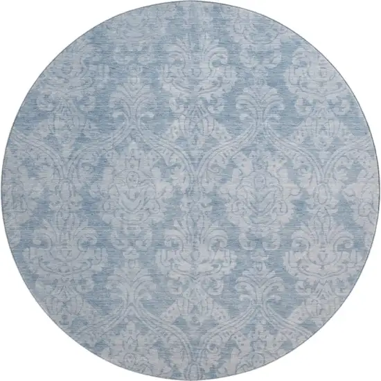 8' Blue And Ivory Damask Washable Round Rug With UV Protection Photo 1