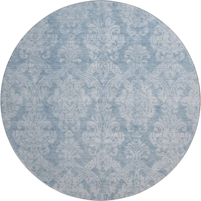 8' Blue And Ivory Damask Washable Round Rug With UV Protection Photo 1