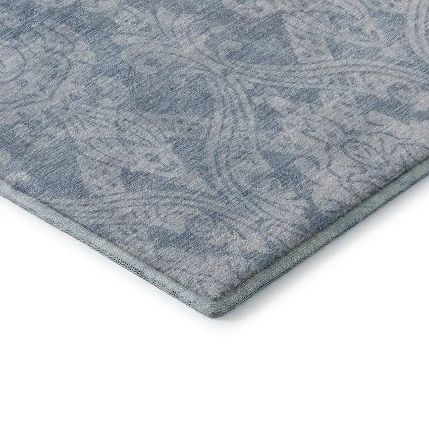 8' Blue And Ivory Damask Washable Round Rug With UV Protection Photo 6