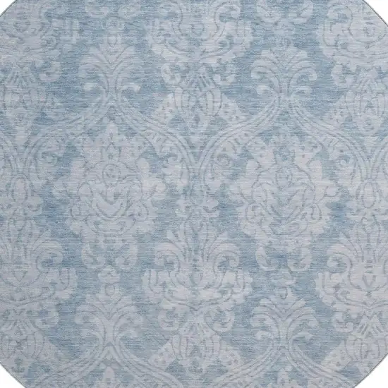 8' Blue And Ivory Damask Washable Round Rug With UV Protection Photo 2