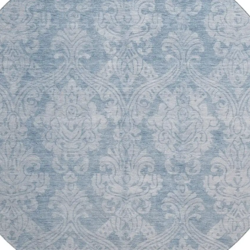 8' Blue And Ivory Damask Washable Round Rug With UV Protection Photo 2