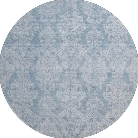 8' Blue And Ivory Damask Washable Round Rug With UV Protection Photo 3