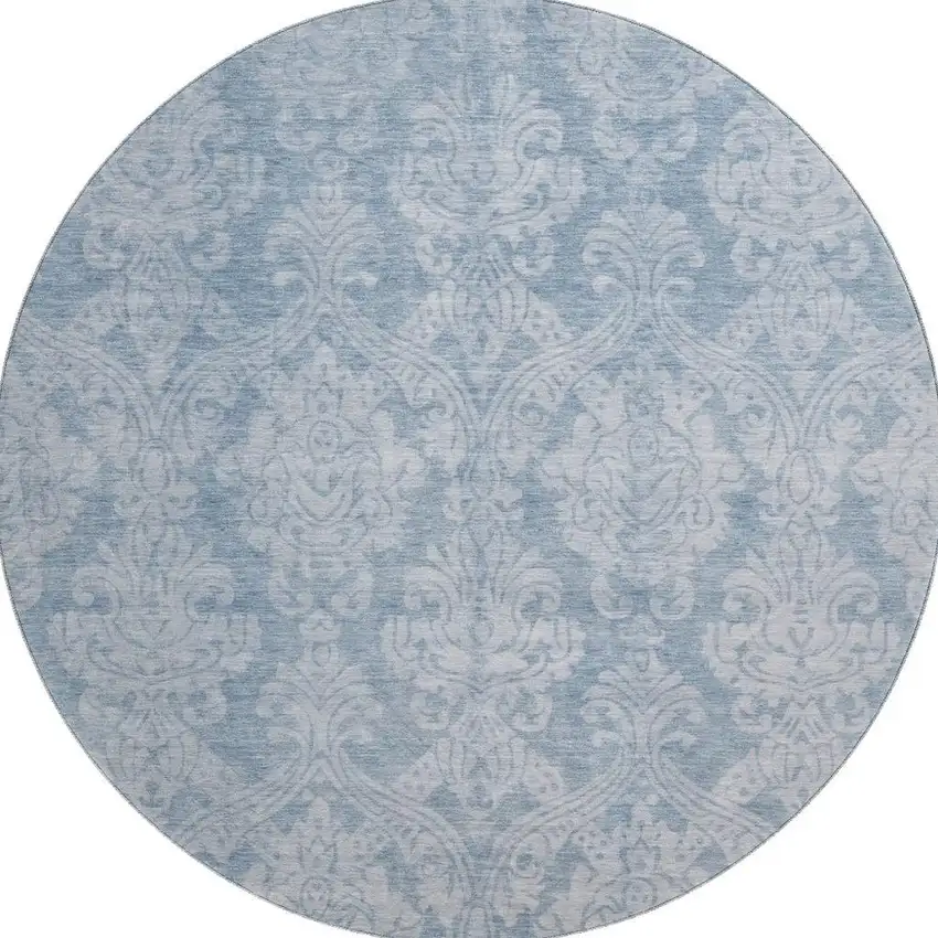 8' Blue And Ivory Damask Washable Round Rug With UV Protection Photo 3