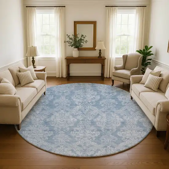8' Blue And Ivory Damask Washable Round Rug With UV Protection Photo 4