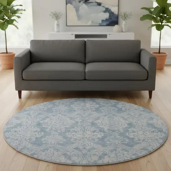 8' Blue And Ivory Damask Washable Round Rug With UV Protection Photo 2