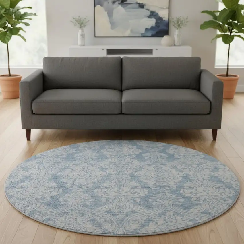 8' Blue And Ivory Damask Washable Round Rug With UV Protection Photo 2