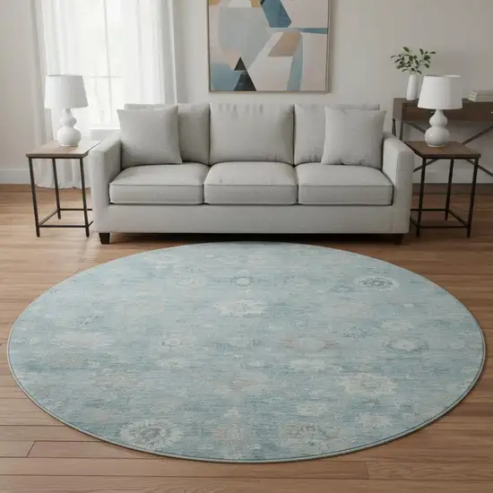 8' Blue And Ivory Damask Washable Round Rug With UV Protection Photo 2