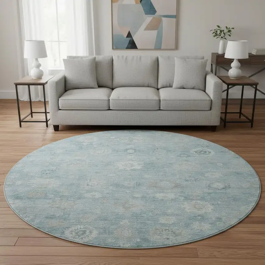 8' Blue And Ivory Damask Washable Round Rug With UV Protection Photo 2