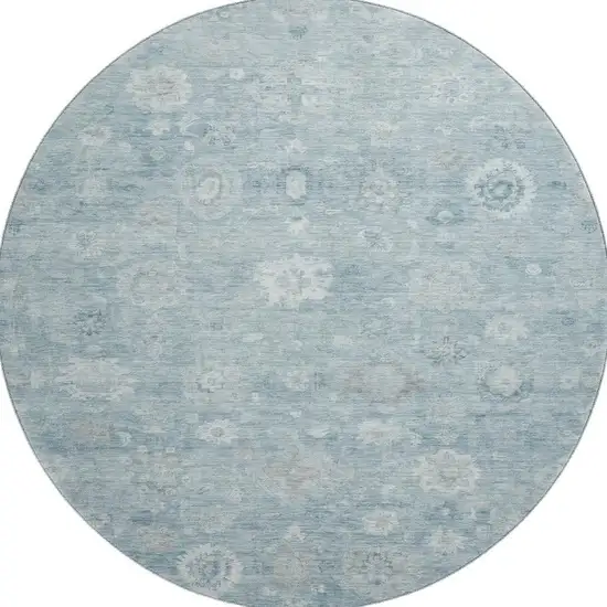 8' Blue And Ivory Damask Washable Round Rug With UV Protection Photo 2