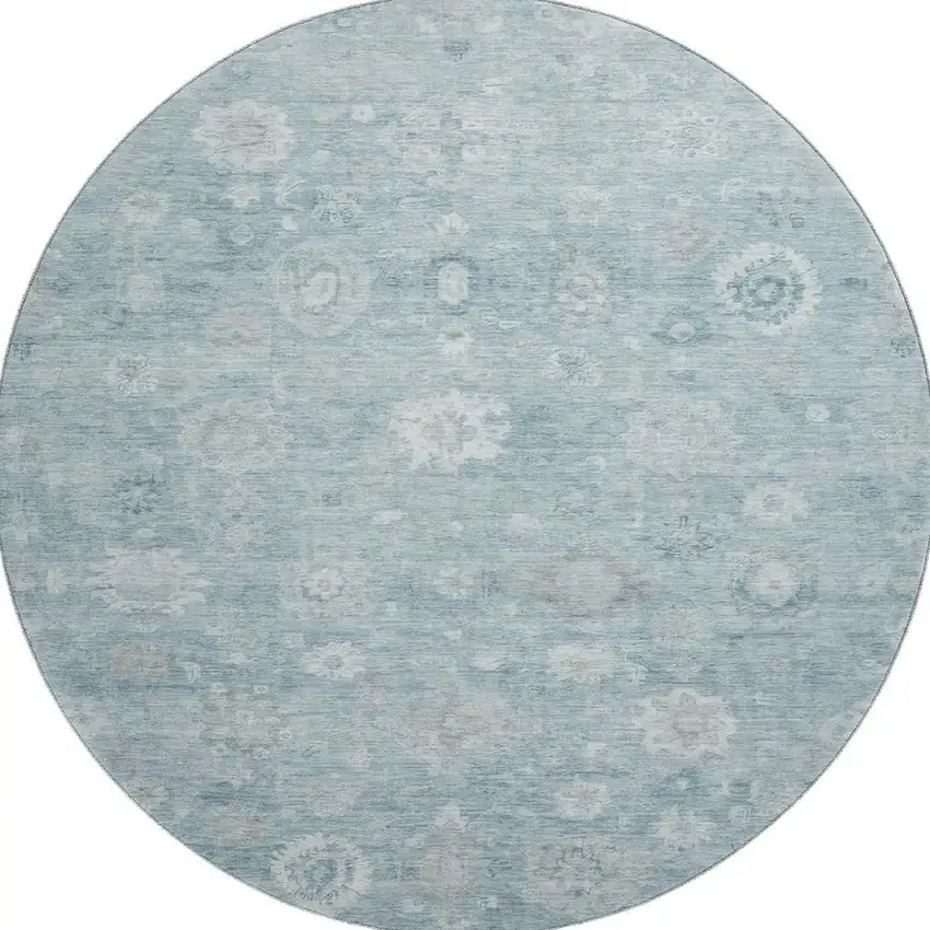 8' Blue And Ivory Damask Washable Round Rug With UV Protection Photo 2
