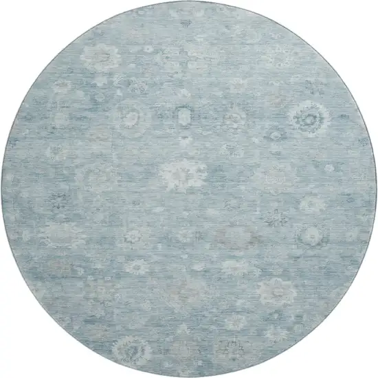 8' Blue And Ivory Damask Washable Round Rug With UV Protection Photo 1