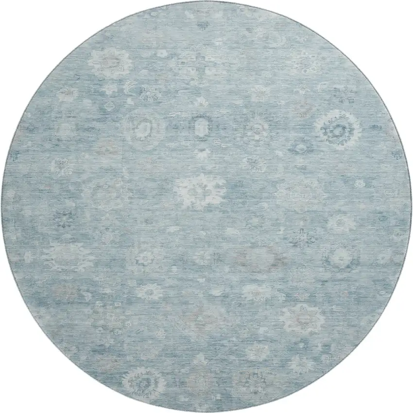 8' Blue And Ivory Damask Washable Round Rug With UV Protection Photo 1