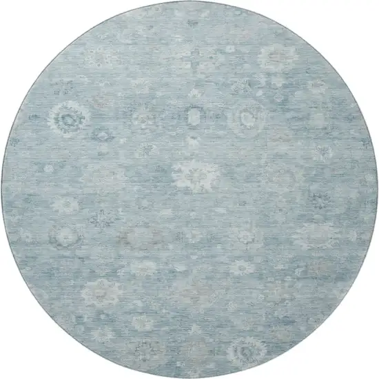 8' Blue And Ivory Damask Washable Round Rug With UV Protection Photo 3