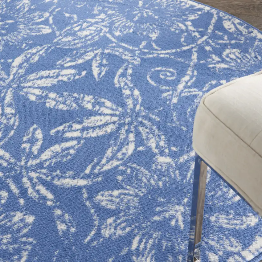 5' Blue And Ivory Floral Distressed Round Rug Photo 9