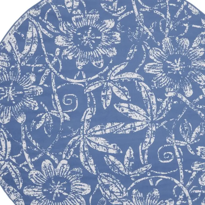 5' Blue And Ivory Floral Distressed Round Rug Photo 4
