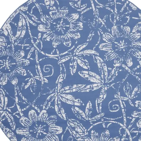 5' Blue And Ivory Floral Distressed Round Rug Photo 4
