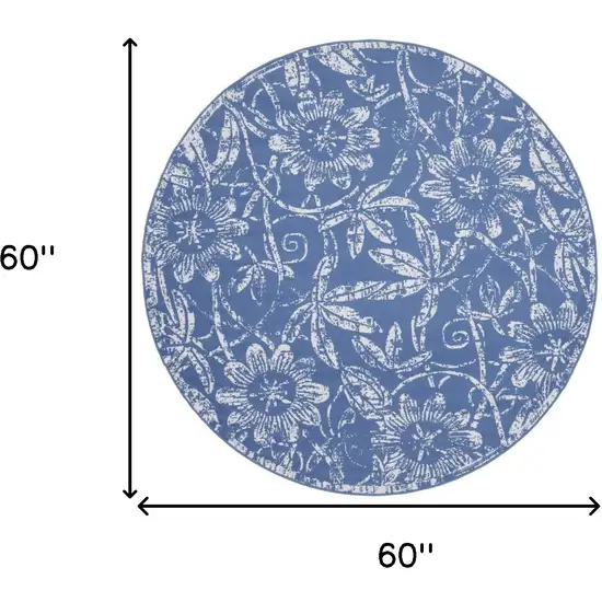 5' Blue And Ivory Floral Distressed Round Rug Photo 3