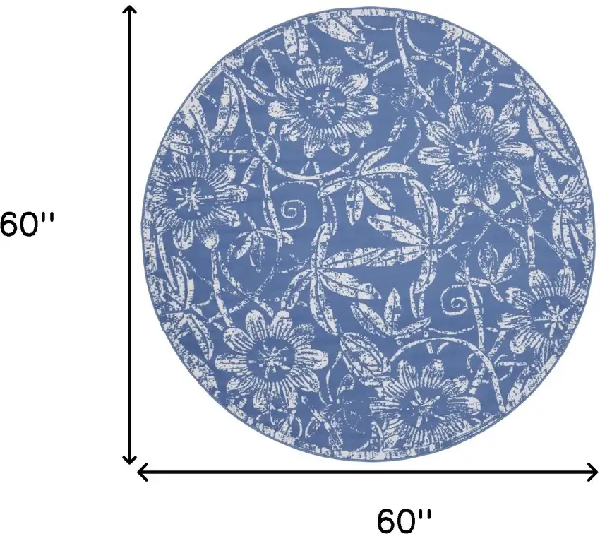 5' Blue And Ivory Floral Distressed Round Rug Photo 3