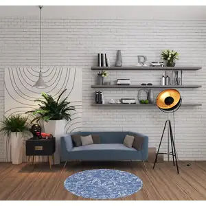 Photo of 5' Blue And Ivory Floral Distressed Round Rug