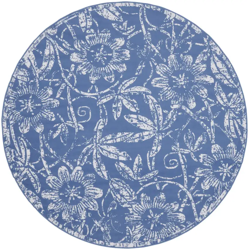 5' Blue And Ivory Floral Distressed Round Rug Photo 2
