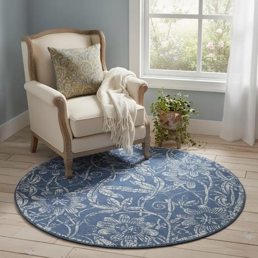 5' Blue And Ivory Floral Distressed Round Rug Photo 1