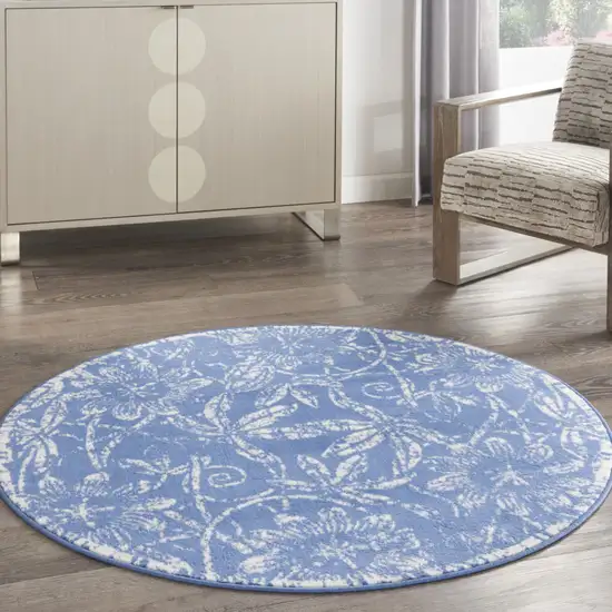 5' Blue And Ivory Floral Distressed Round Rug Photo 5