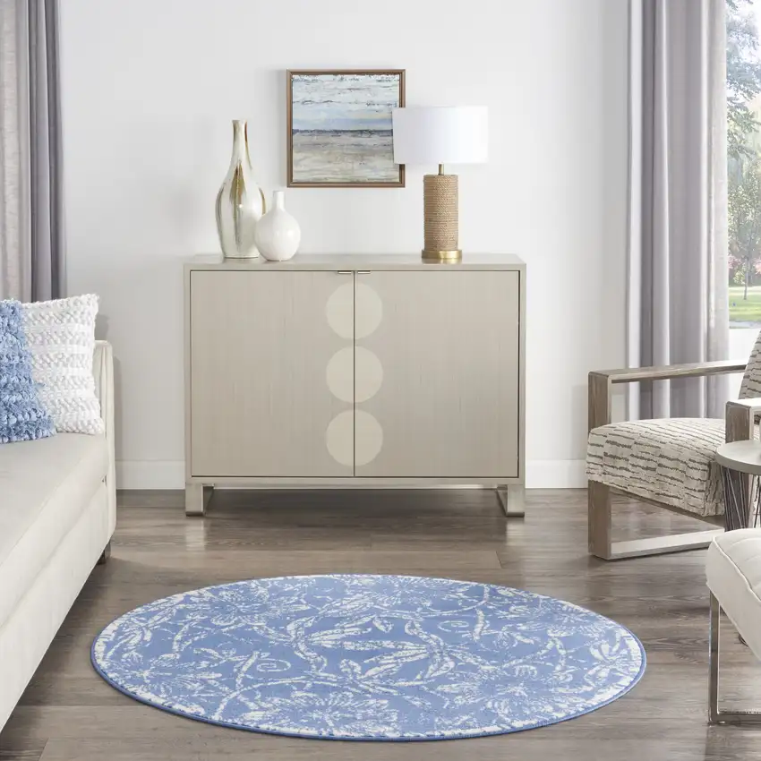 5' Blue And Ivory Floral Distressed Round Rug Photo 6
