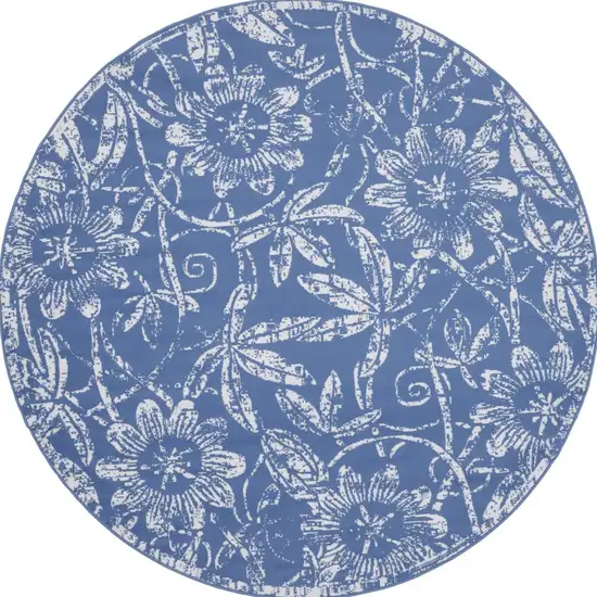 5' Blue And Ivory Floral Distressed Round Rug Photo 3
