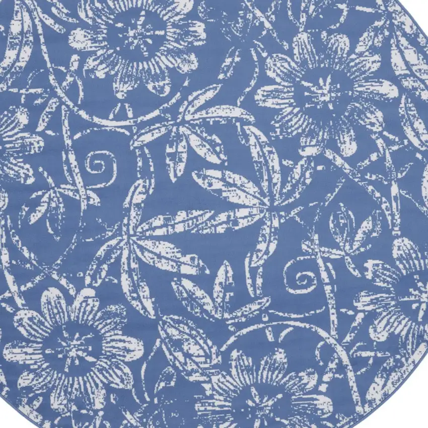 5' Blue And Ivory Floral Distressed Round Rug Photo 7