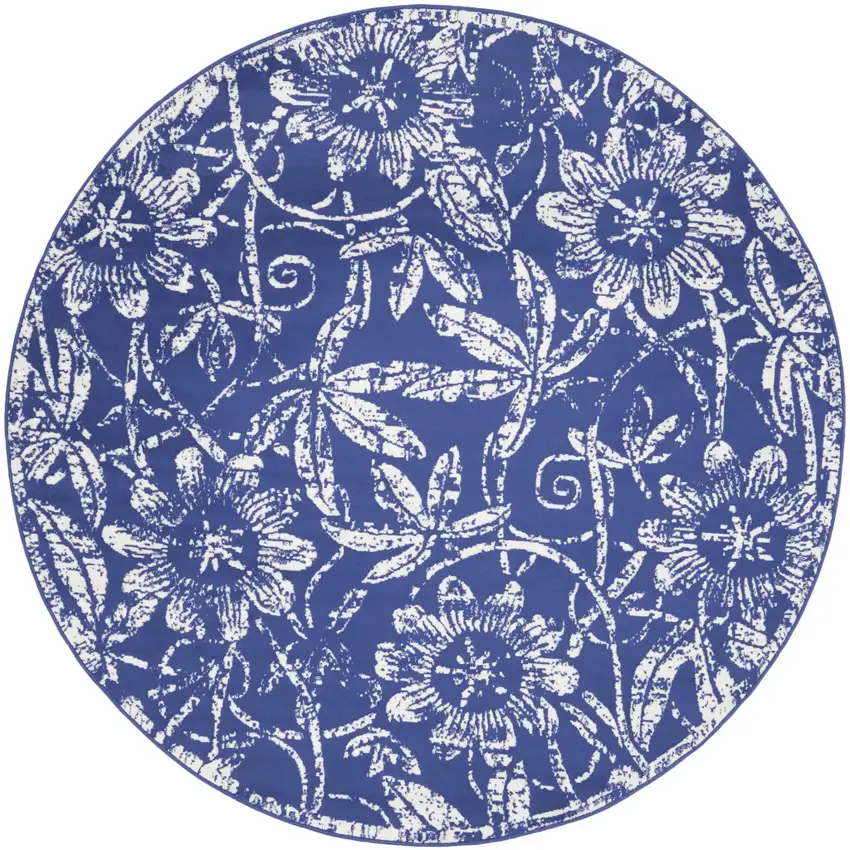 5' Blue And Ivory Floral Distressed Round Rug Photo 2