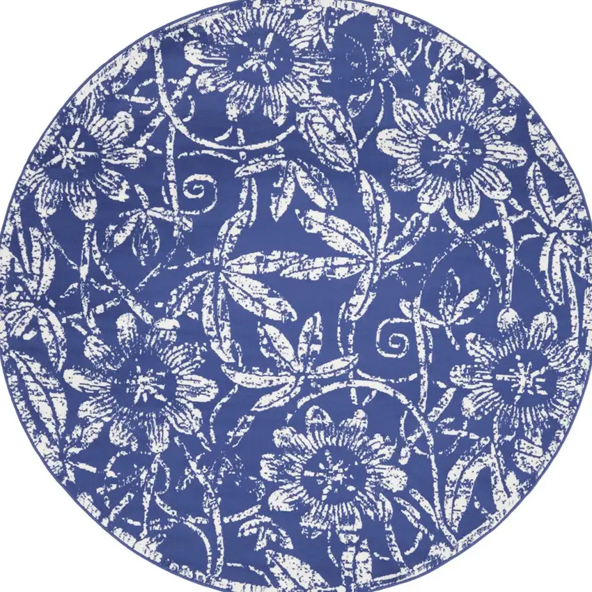 5' Blue And Ivory Floral Distressed Round Rug Photo 8