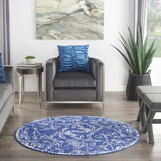 5' Blue And Ivory Floral Distressed Round Rug Photo 6