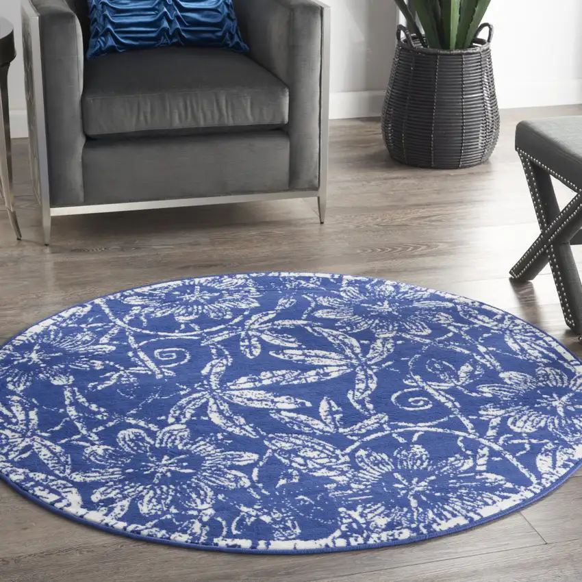 5' Blue And Ivory Floral Distressed Round Rug Photo 5