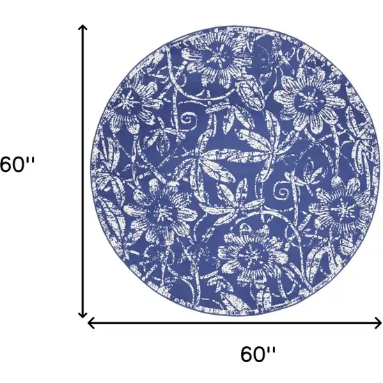 5' Blue And Ivory Floral Distressed Round Rug Photo 3